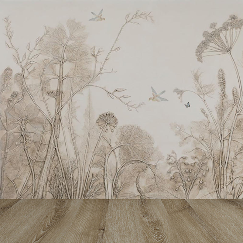 Pencil Sketch Botanical Mural Wallpaper Modern Smooth Wall Covering in Grey for Room