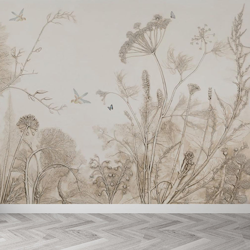 Pencil Sketch Botanical Mural Wallpaper Modern Smooth Wall Covering in Grey for Room