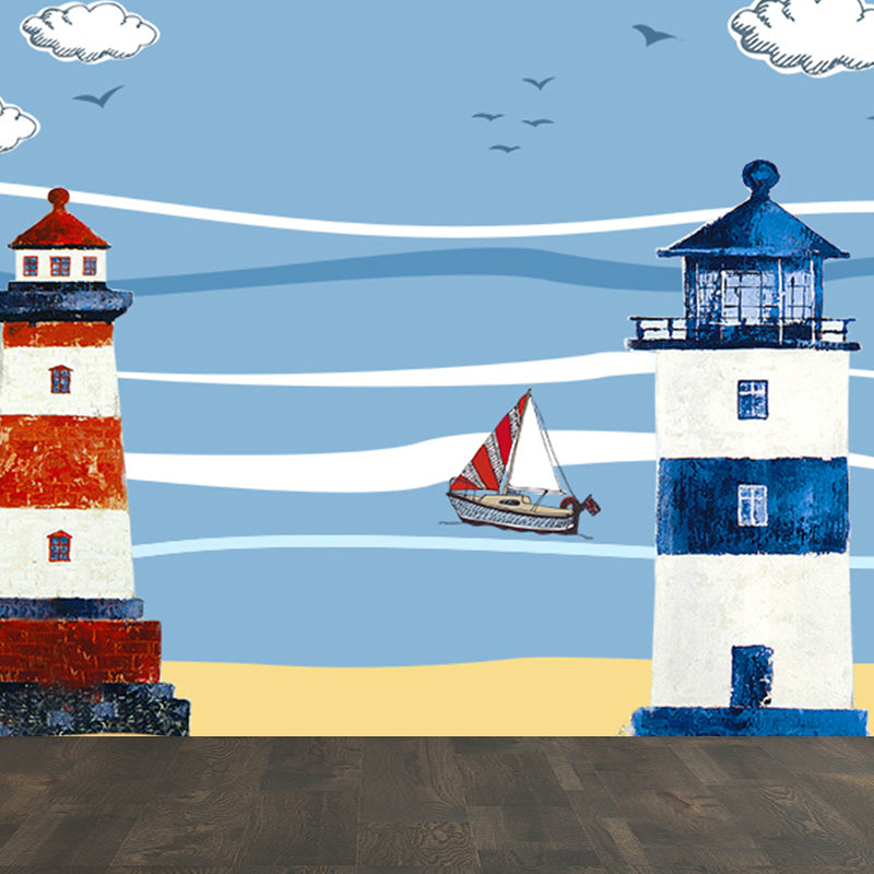 Nautical Lighthouse Mural Wallpaper Cartoon Non-Woven Cloth Wall Decor for Living Room
