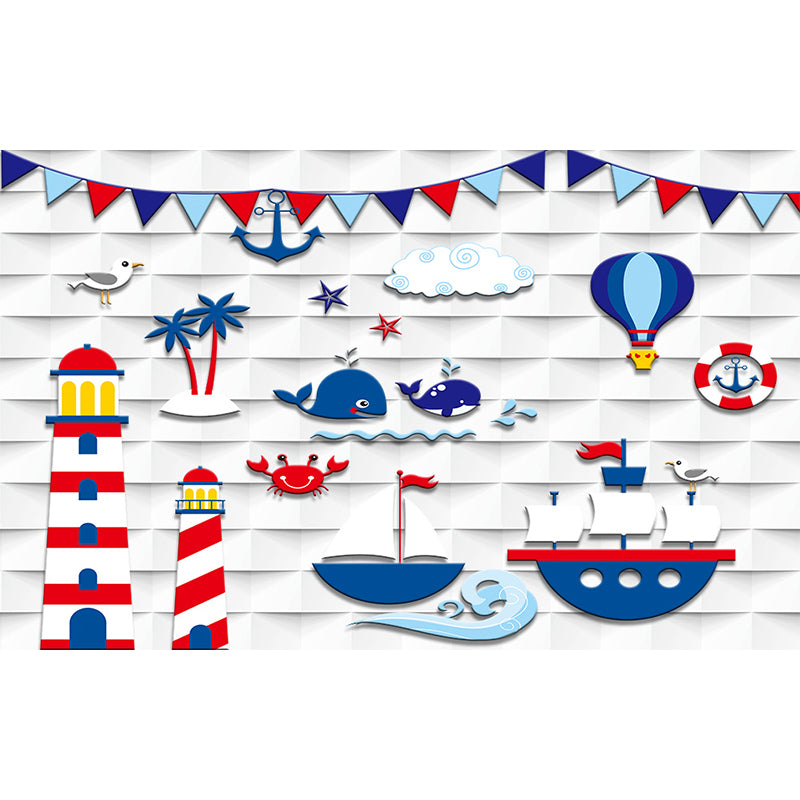 Nautical Lighthouse Mural Wallpaper Cartoon Non-Woven Cloth Wall Decor for Living Room