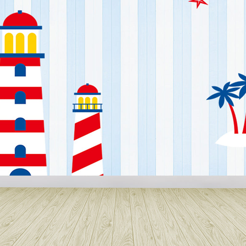 Nautical Lighthouse Mural Wallpaper Cartoon Non-Woven Cloth Wall Decor for Living Room