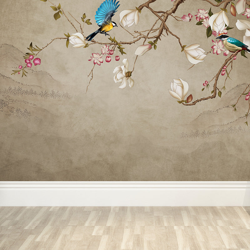 Personalized Illustration Chinese Mural Wallpaper with Magpie and Flower Pattern, Brown
