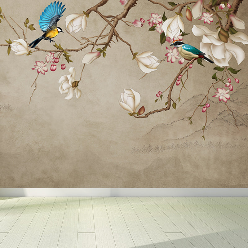 Personalized Illustration Chinese Mural Wallpaper with Magpie and Flower Pattern, Brown
