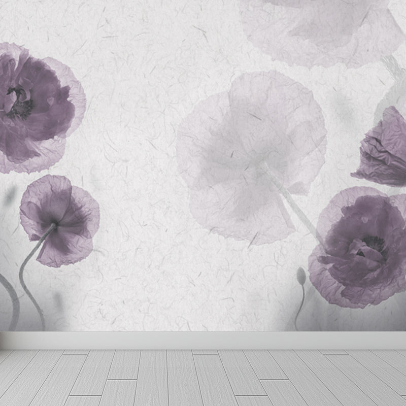 Purple Flower Mural Decal Washable Modernist Bedroom Wall Covering, Custom Printed