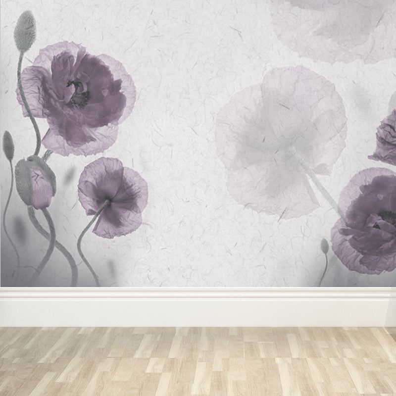 Purple Flower Mural Decal Washable Modernist Bedroom Wall Covering, Custom Printed