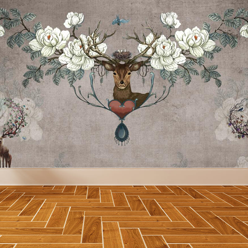 Deer with Flower Antler Mural Wallpaper Grey Modernist Wall Decor for Girls Room