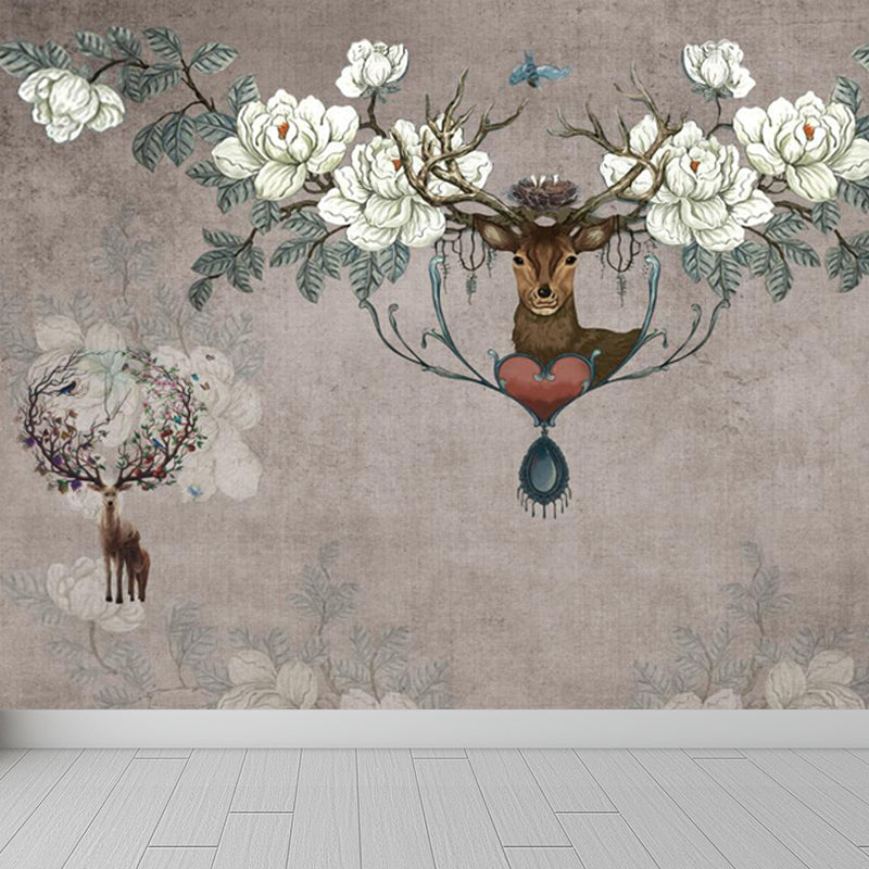 Deer with Flower Antler Mural Wallpaper Grey Modernist Wall Decor for Girls Room