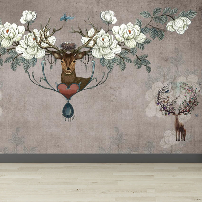 Deer with Flower Antler Mural Wallpaper Grey Modernist Wall Decor for Girls Room