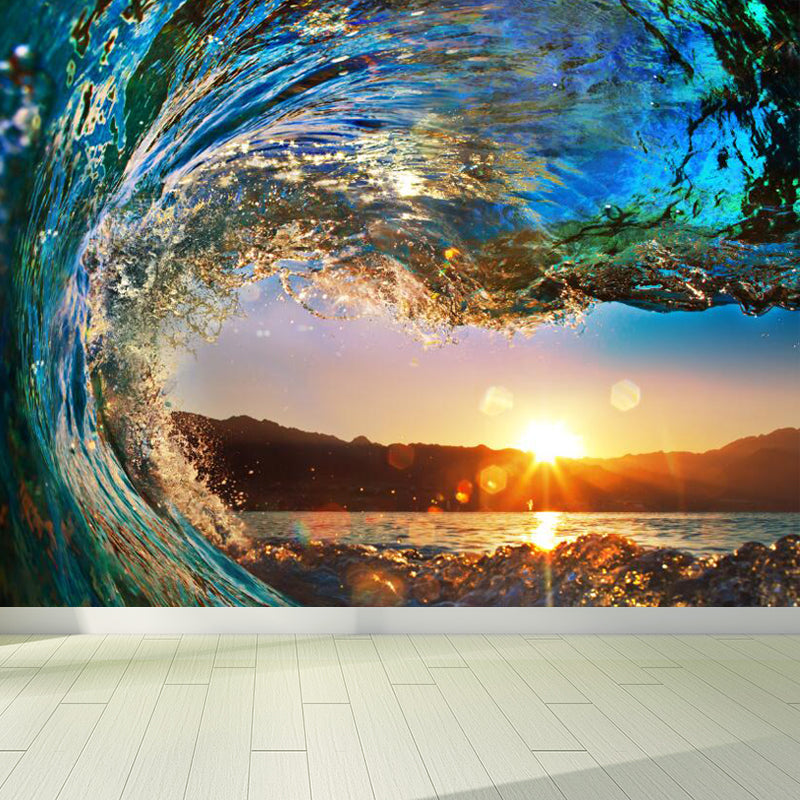 Surge and Sunset View Mural Decal Tropical Non-Woven Material Wall Art in Blue for Home