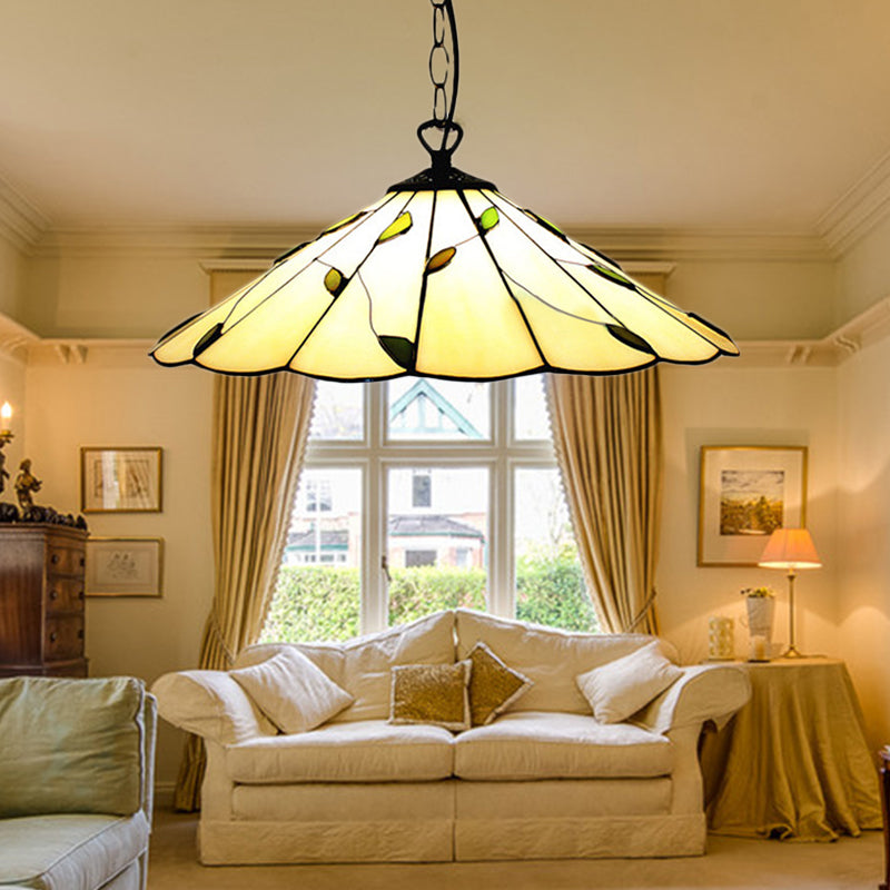 6.5"/12"/16" W Tiffany-Style Cone Pendulum Light 1 Head Handcrafted Art Glass Suspension Lamp in Beige