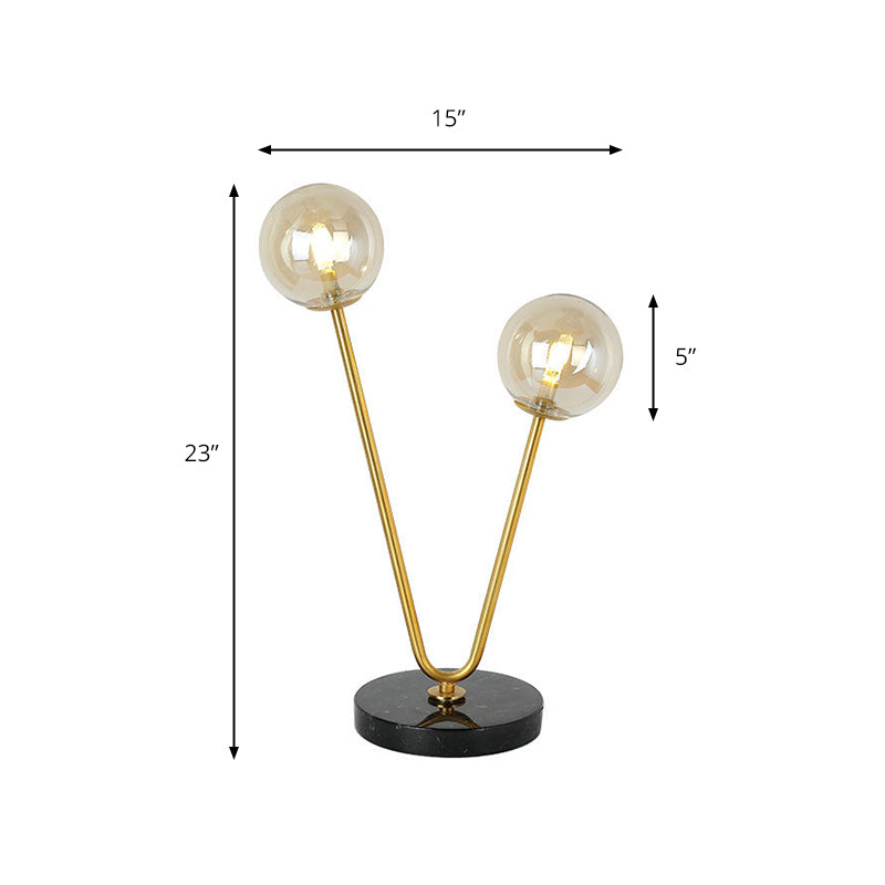 Lampe de table à abat-jour boule en verre moderne, 2 lumières, lampe de table dorée avec base en marbre