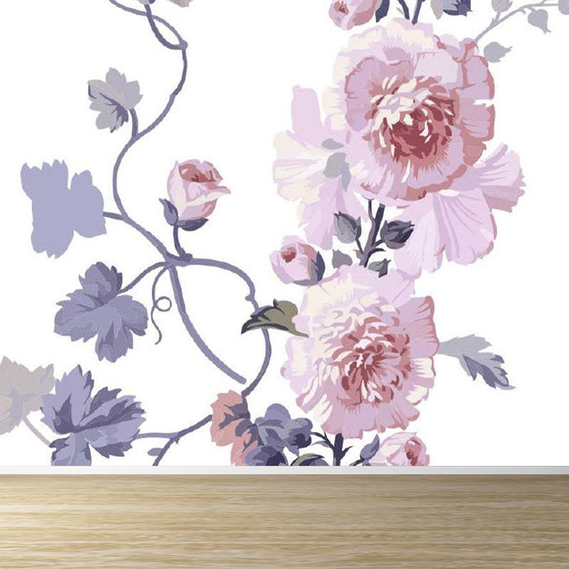 Modern Flowers Wall Mural Non-Woven Stain Resistant Pink Wall Art for Living Room