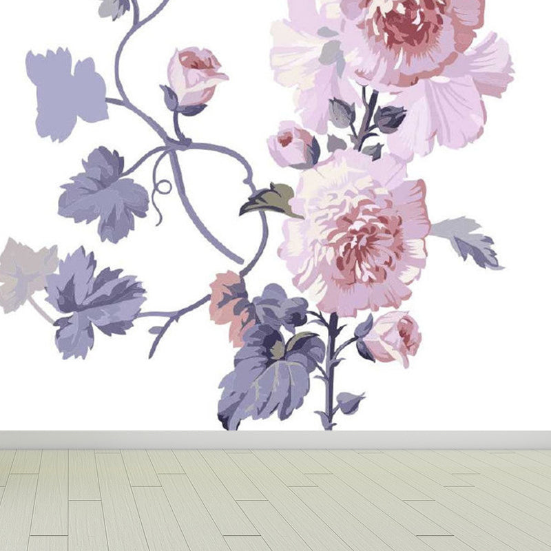 Modern Flowers Wall Mural Non-Woven Stain Resistant Pink Wall Art for Living Room