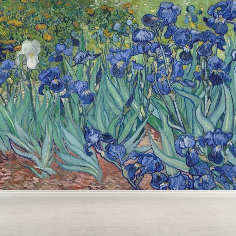 Full Size Illustration Modern Mural Wallpaper with Flowers Garden Scenery in Blue