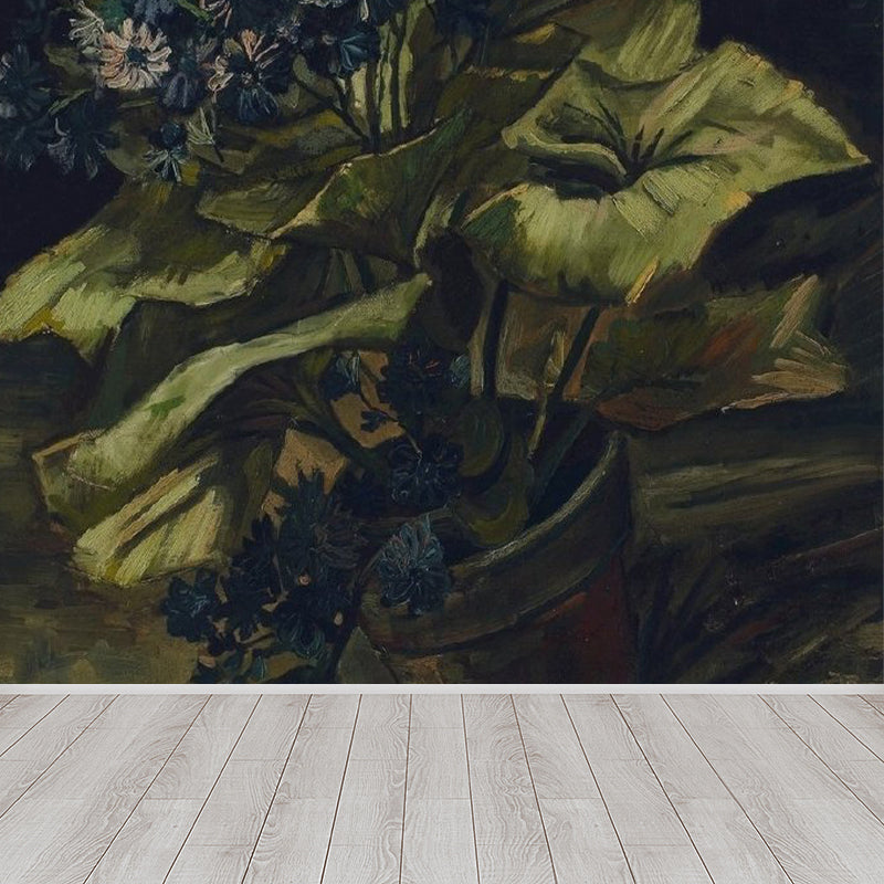 Relaxing Pot Flower Wall Mural for Dining Room Illustration Wall Decor, Customized