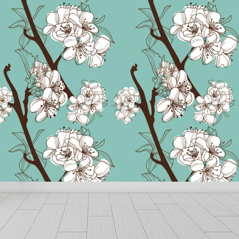 Contemporary Flower Blossom Wall Mural Non-Woven Waterproofing Blue Wall Art for Playroom