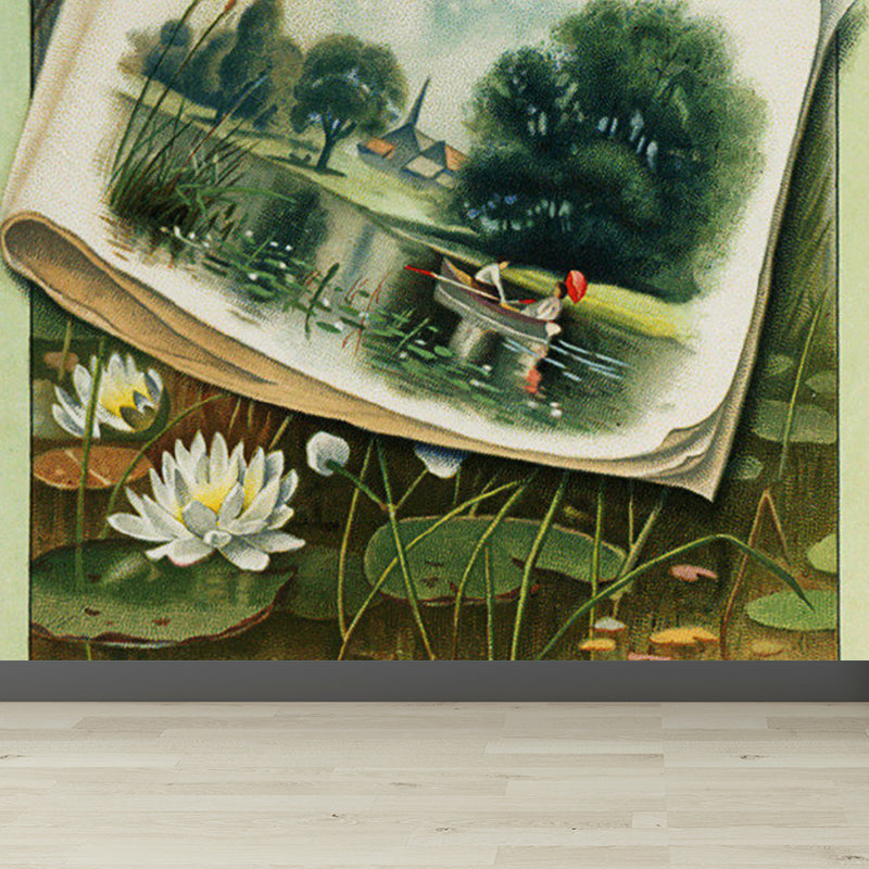 Green Lotus Flower Mural Wallpaper Florentine Modern Washable Wall Art for Playroom