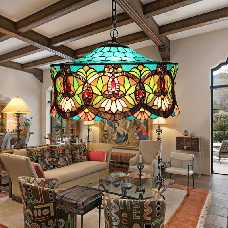 Hanging Lamps for Living Room, Victorian Style Drum Pendant Light Fixture with Stained Glass Shade, 18" W