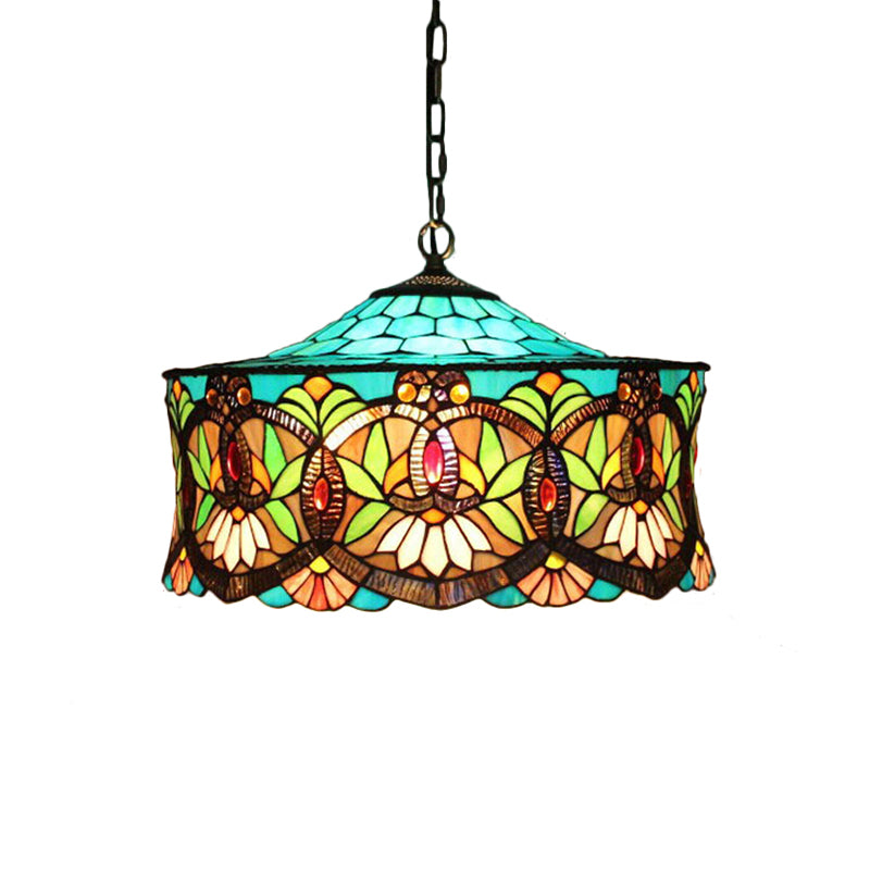 Hanging Lamps for Living Room, Victorian Style Drum Pendant Light Fixture with Stained Glass Shade, 18" W