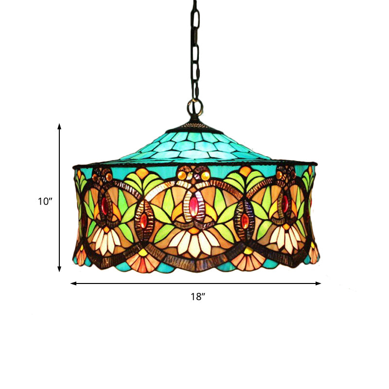 Hanging Lamps for Living Room, Victorian Style Drum Pendant Light Fixture with Stained Glass Shade, 18" W