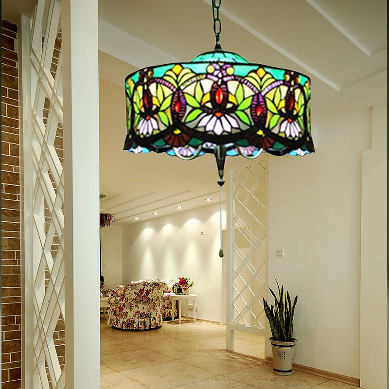 Hanging Lamps for Living Room, Victorian Style Drum Pendant Light Fixture with Stained Glass Shade, 18" W
