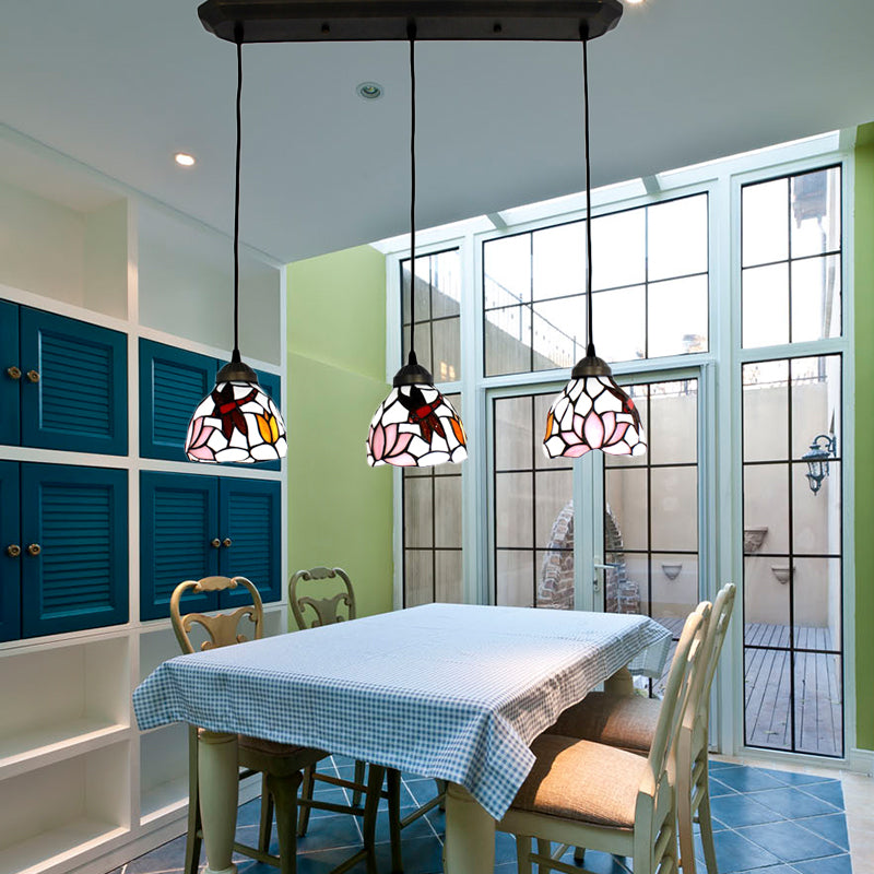 Hanging Lights for Dining Table, 3-Light Dragonfly Linear Ceiling Fixture with Art Glass Shade