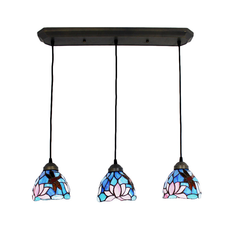 Hanging Lights for Dining Table, 3-Light Dragonfly Linear Ceiling Fixture with Art Glass Shade