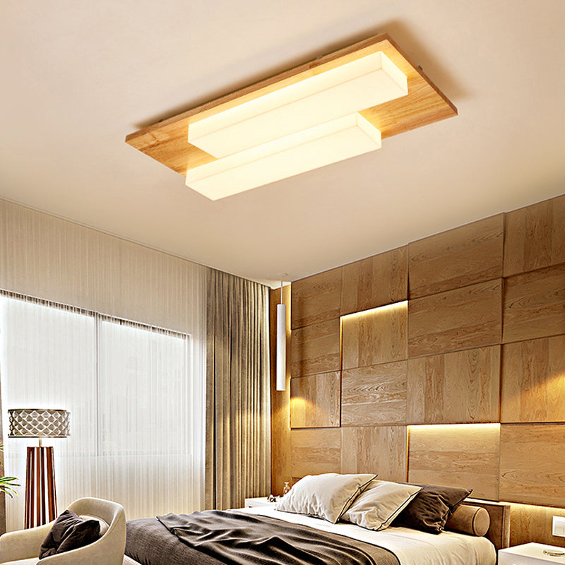 Japanese Style Rectangle Flushmount Light Wood Acrylic Beige LED Ceiling Lamp in Natural/White for Bathroom