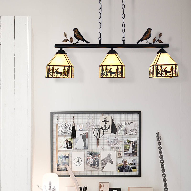 Rustic Lodge Deer Island Lighting with Bird Decoration 3 Lights Stained Glass Pendant Light