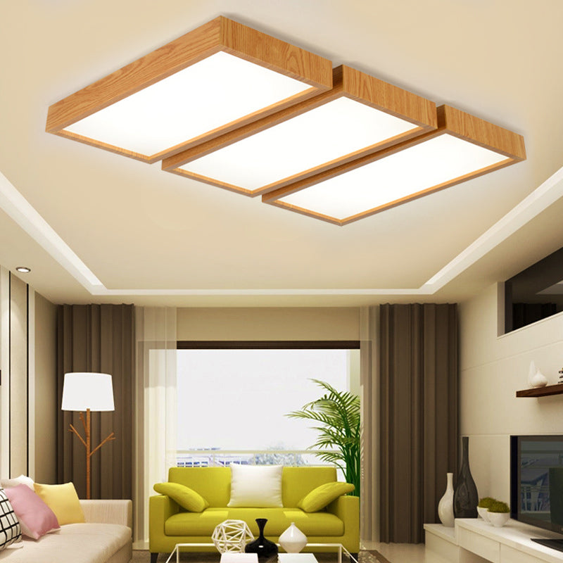 Lámpara de techo empotrada LED de estilo nórdico, accesorio de techo con borde de madera y sombra rectangular para oficina