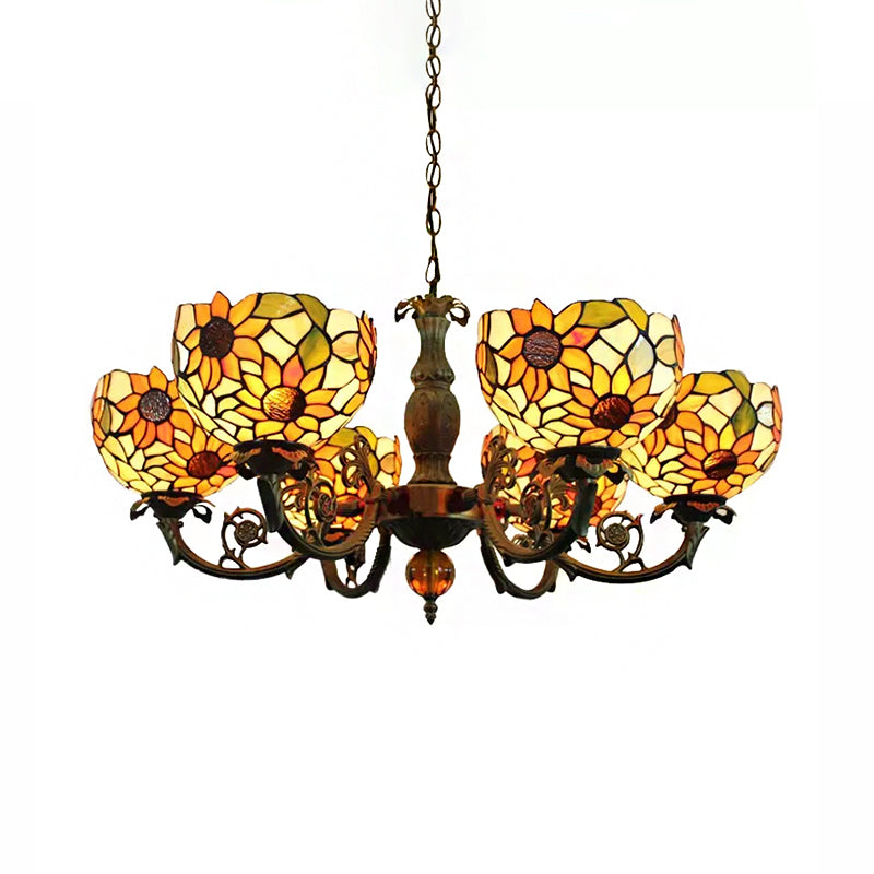 Grands lustres pour le salon, éclairage pendentif de tournesol à 6 lumières avec un style Tiffany de teinte en vitrail