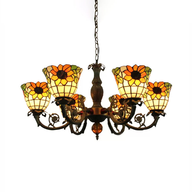 Grands lustres pour le salon, éclairage pendentif de tournesol à 6 lumières avec un style Tiffany de teinte en vitrail