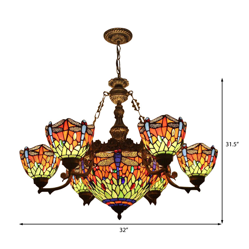 Lámparas de araña para sala de estar, lámpara colgante colgante de libélulas con sombra manchada y decoración de joyas estilo tiffany