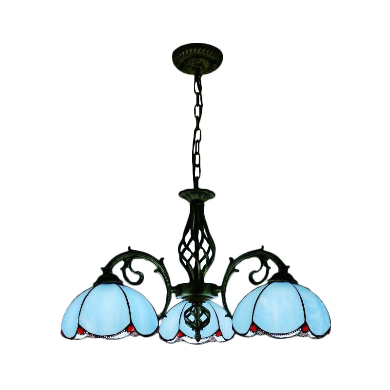 Lampadario Tiffany, lampada a sospensione a soffitto floreale a 3 luci per tavolo da pranzo con catena regolabile in blu