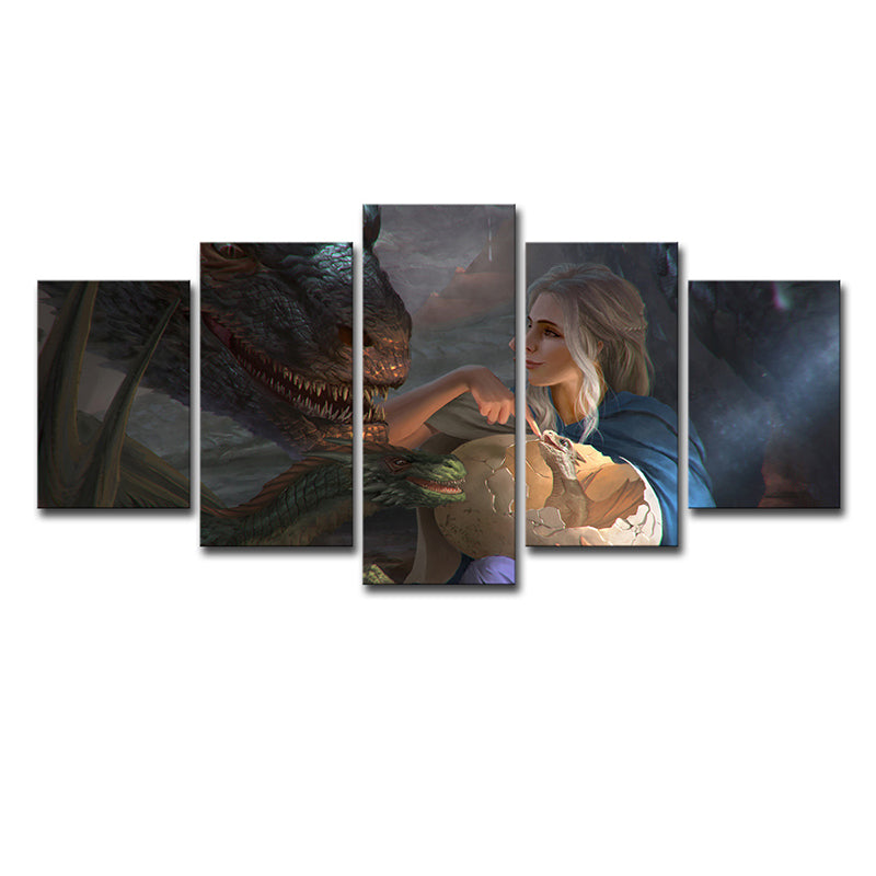 Multi-Piece Blue Wall Art Kids Digital Print Khaleesi and Her Dragon Wall Decor for Room