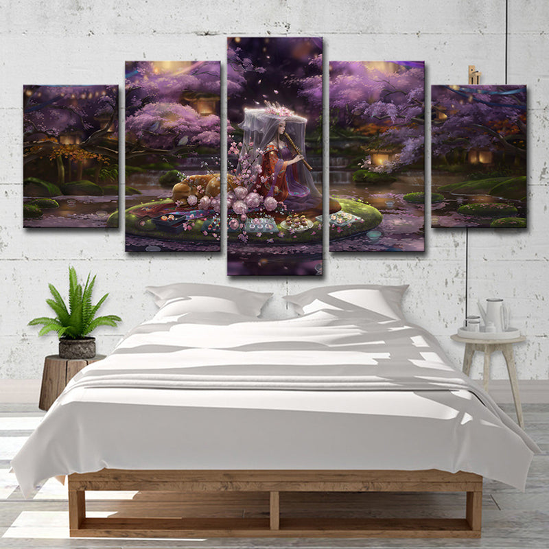 Canvas Purple Art Print Cartoon Fairy with Cherry Blossom Game Scene Wall Decor for Room