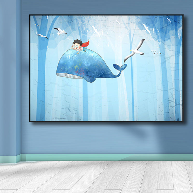 Fantasy Flying Whales Adventure Canvas Kids Style Textured Wall Art in Pastel Blue