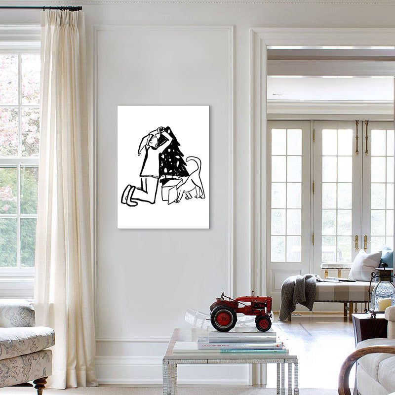Man Playing with Dog Art Print Minimalist Canvas Wall Decor in Black-White for Bedroom