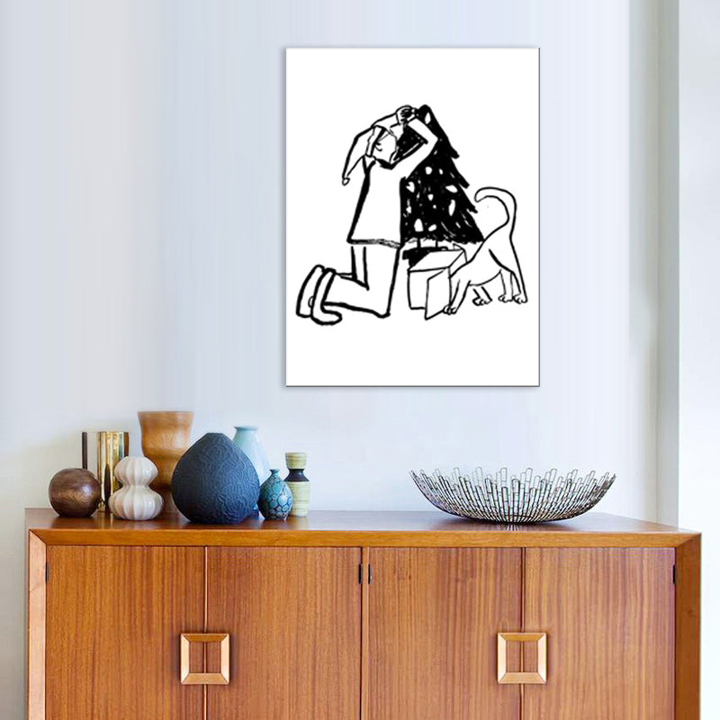 Man Playing with Dog Art Print Minimalist Canvas Wall Decor in Black-White for Bedroom