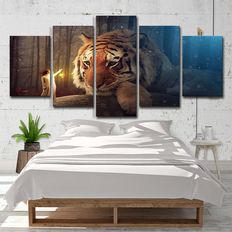 Yellow Kids Canvas Digital Print Giant Tiger and Tiny Girl Wall Art for Living Room