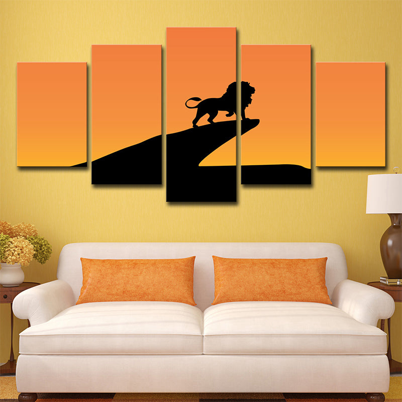 Orange Kids Canvas Print Sunset Lion on Cliff Shadow Wall Art for Sitting Room