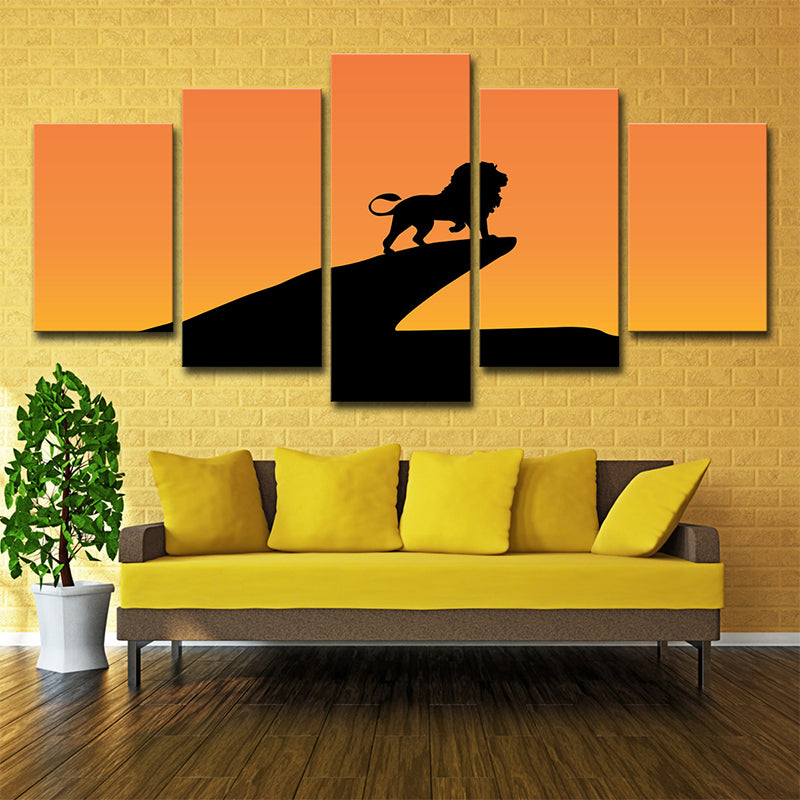 Orange Kids Canvas Print Sunset Lion on Cliff Shadow Wall Art for Sitting Room