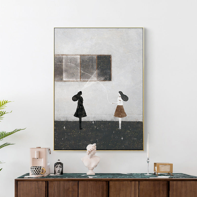 Girls Leisure Time Canvas Print Childrens Art Textured Living Room Wall Decor in Dark Color