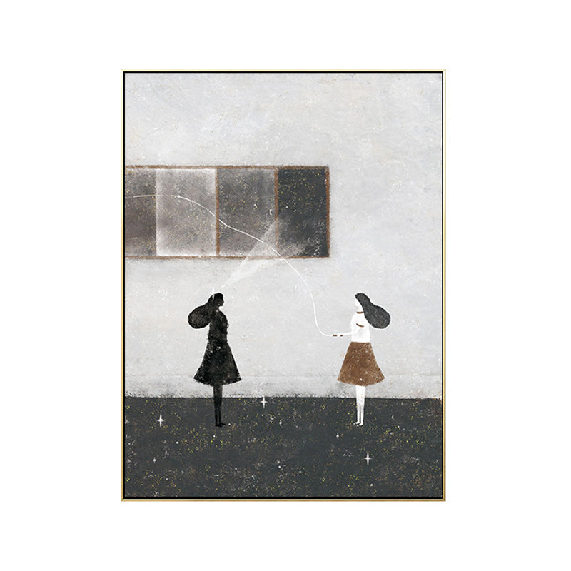 Girls Leisure Time Canvas Print Childrens Art Textured Living Room Wall Decor in Dark Color