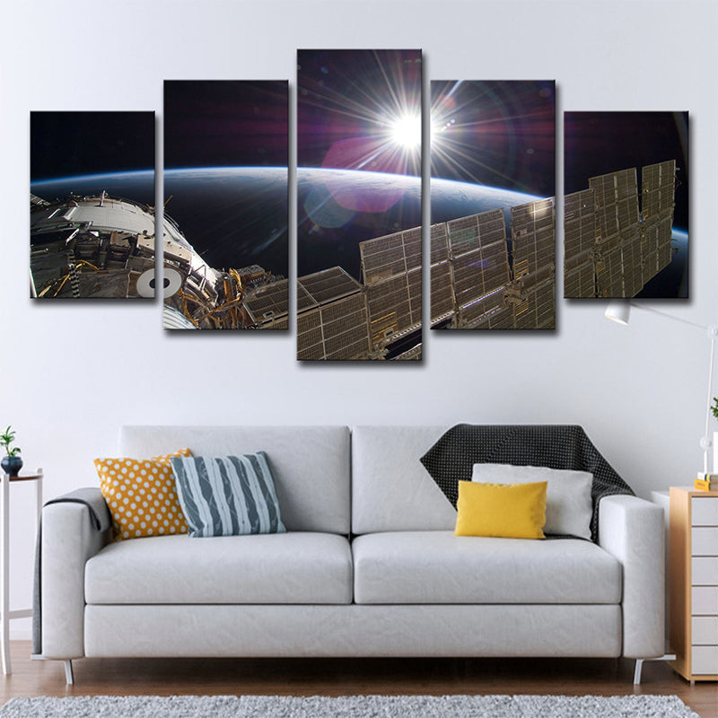 Sci-Fi Space Satellite Art Print Canvas Multi-Piece Black and Brown Wall Decor for Room