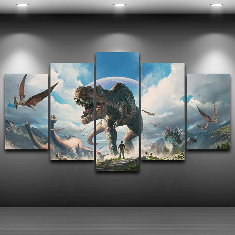 Fictional Dinosaurs Wall Decor Blue Jurassic Park Scene Canvas Art for Boys Bedroom
