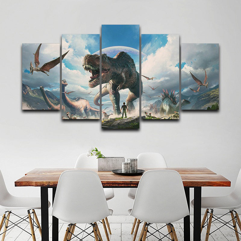 Fictional Dinosaurs Wall Decor Blue Jurassic Park Scene Canvas Art for Boys Bedroom