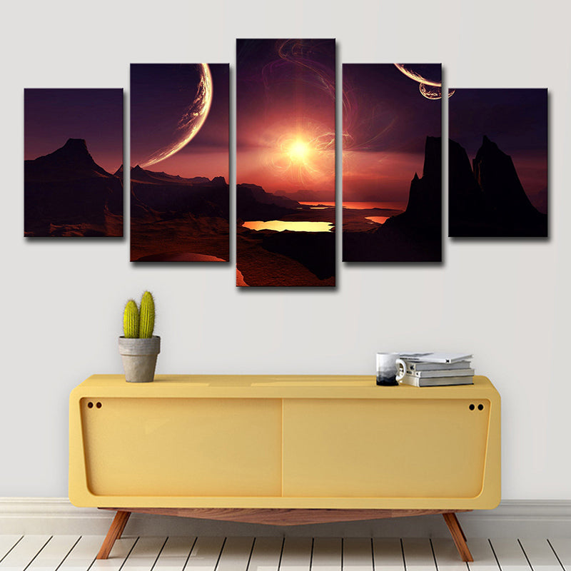 Purple-Red Science Fiction Canvas Print Mountain with Sunset Glow Landscape Wall Art for Room