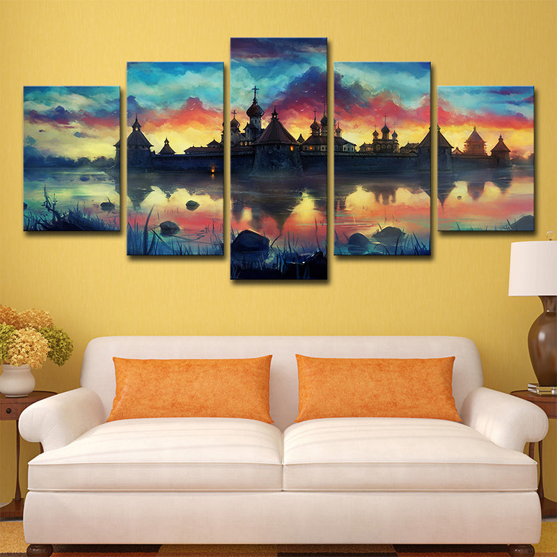 Lakeside Castle Scenery Wall Art Kids Dreamy Evening Glow Canvas Print in Yellow
