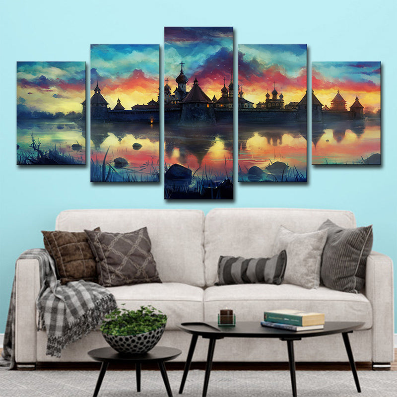 Lakeside Castle Scenery Wall Art Kids Dreamy Evening Glow Canvas Print in Yellow